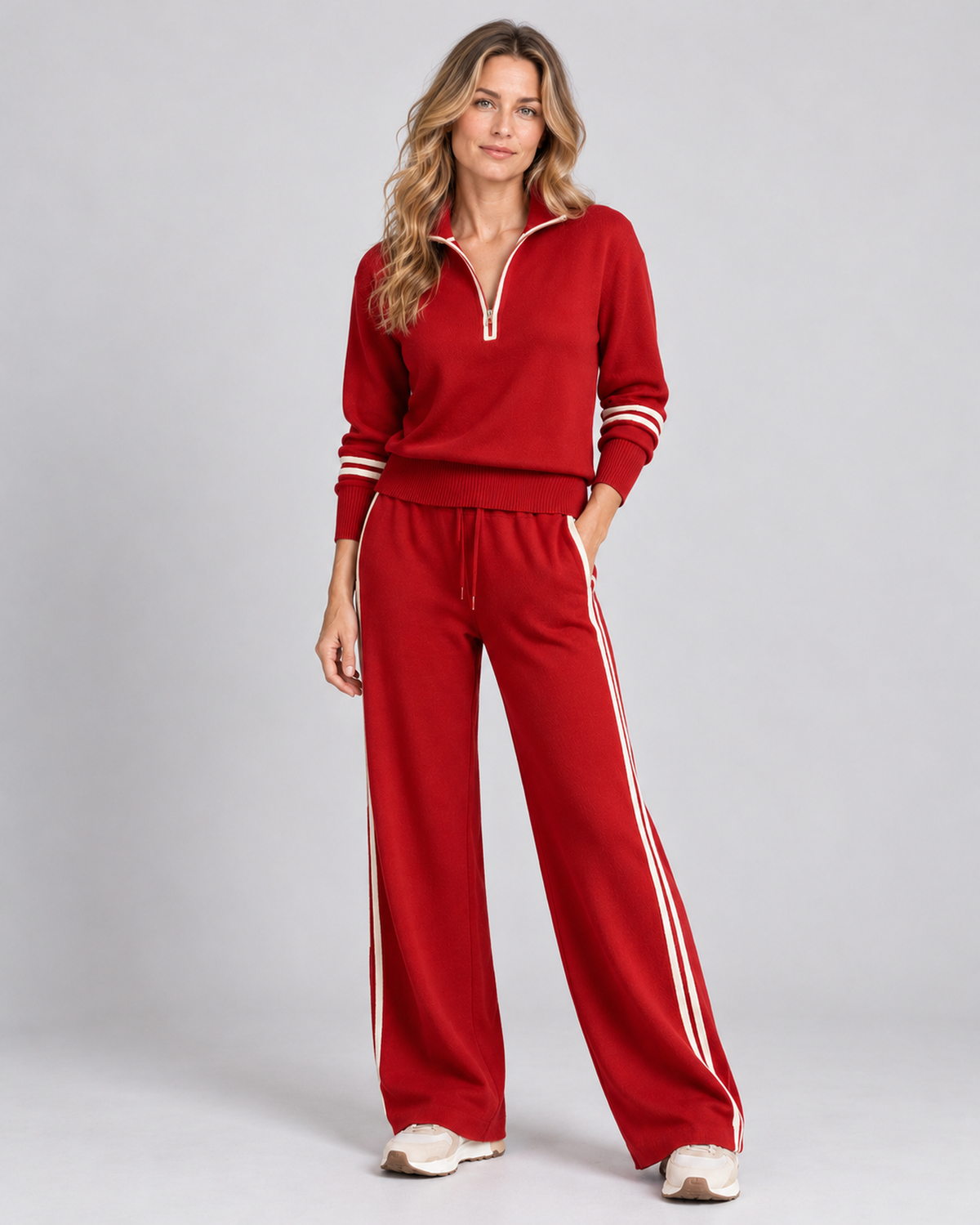 Red knitted quarter-zip jumper and wide-leg trousers, front view on Ellis & Rowe model