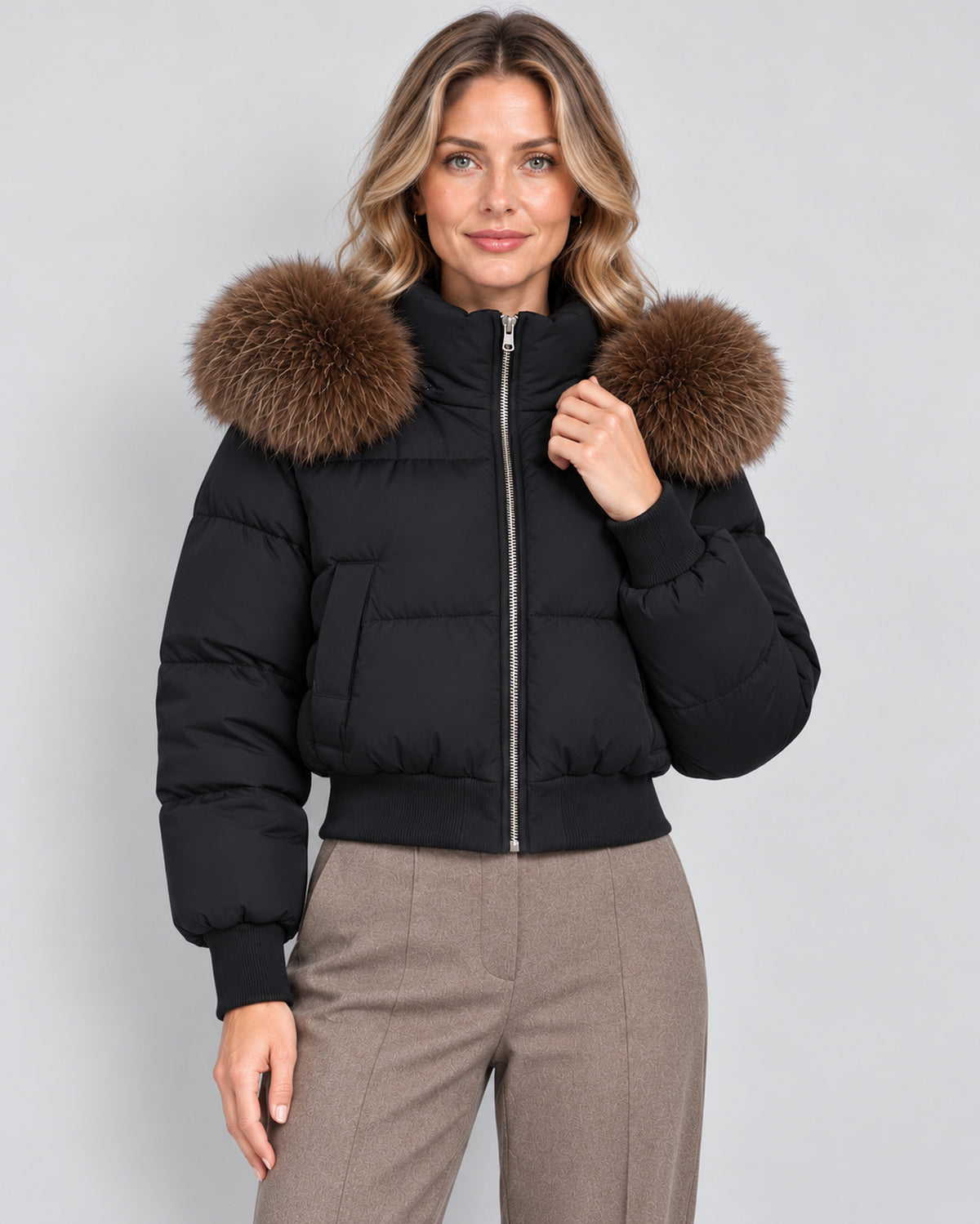 Women's cropped quilted zip-up puffer jacket, black front view