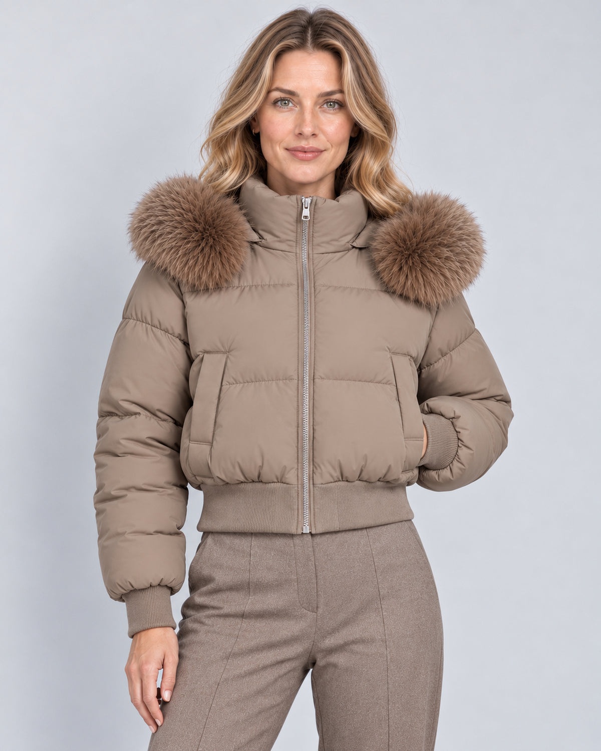 Women's cropped quilted zip-up puffer jacket, camel front view