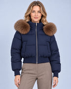 Women's cropped quilted zip-up puffer jacket, navy front view