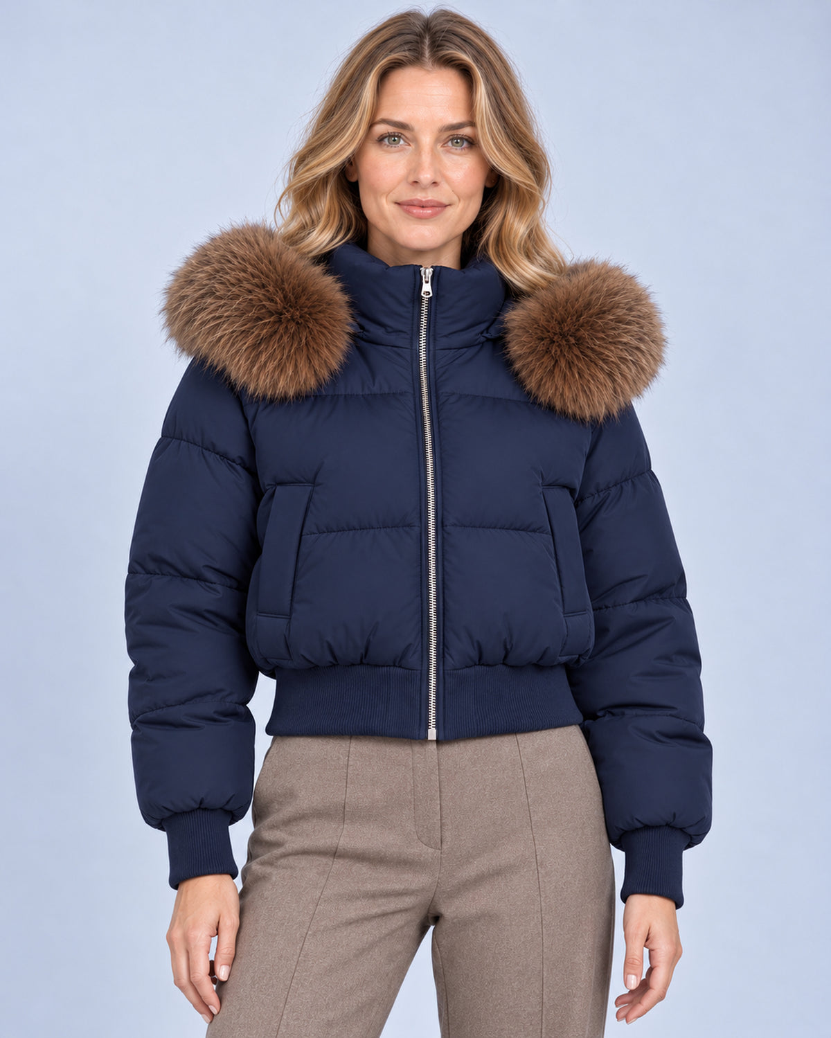 Women's cropped quilted zip-up puffer jacket, navy front view
