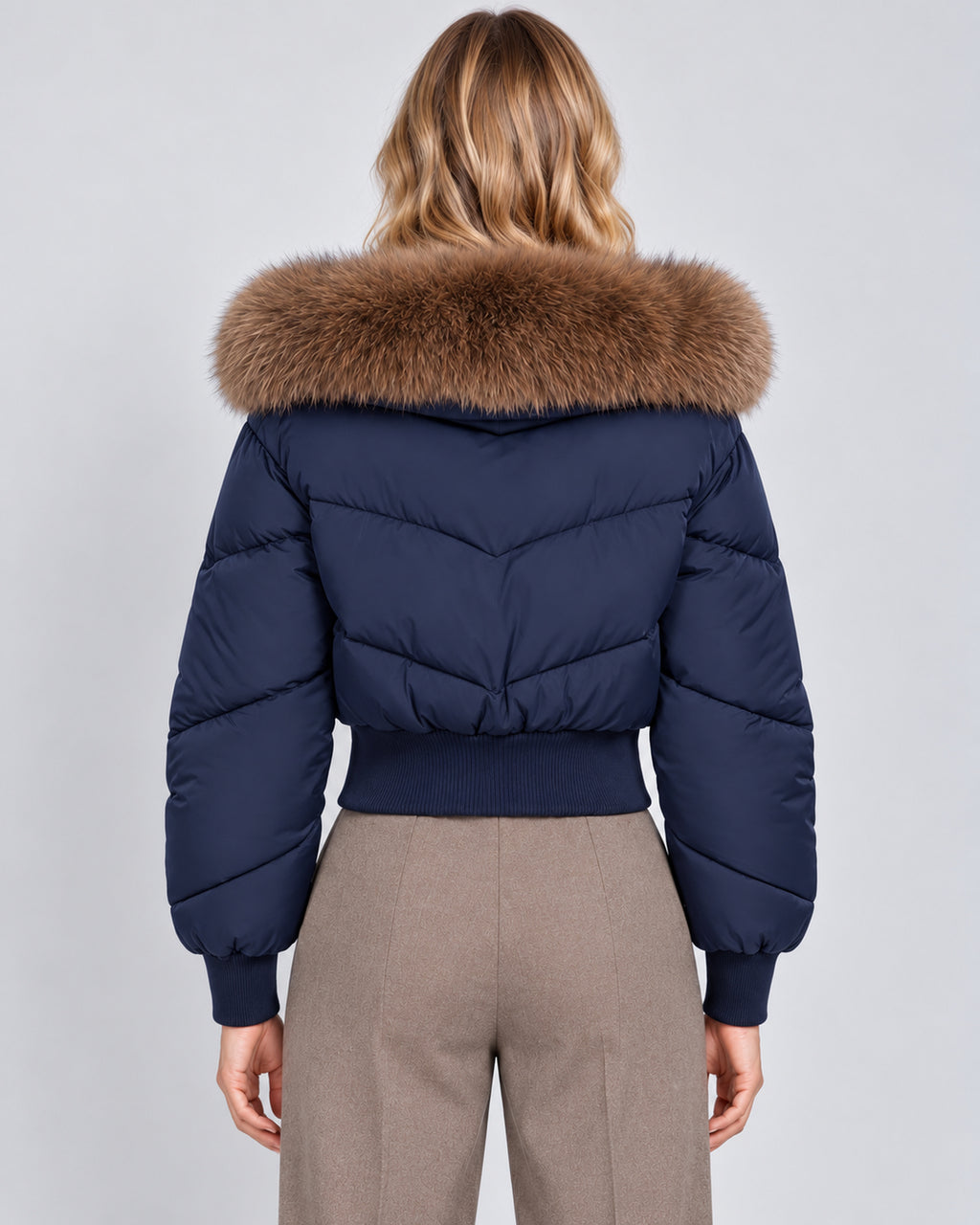 Women's cropped quilted zip-up puffer jacket, navy rear view