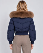 Women's cropped quilted zip-up puffer jacket, navy rear view