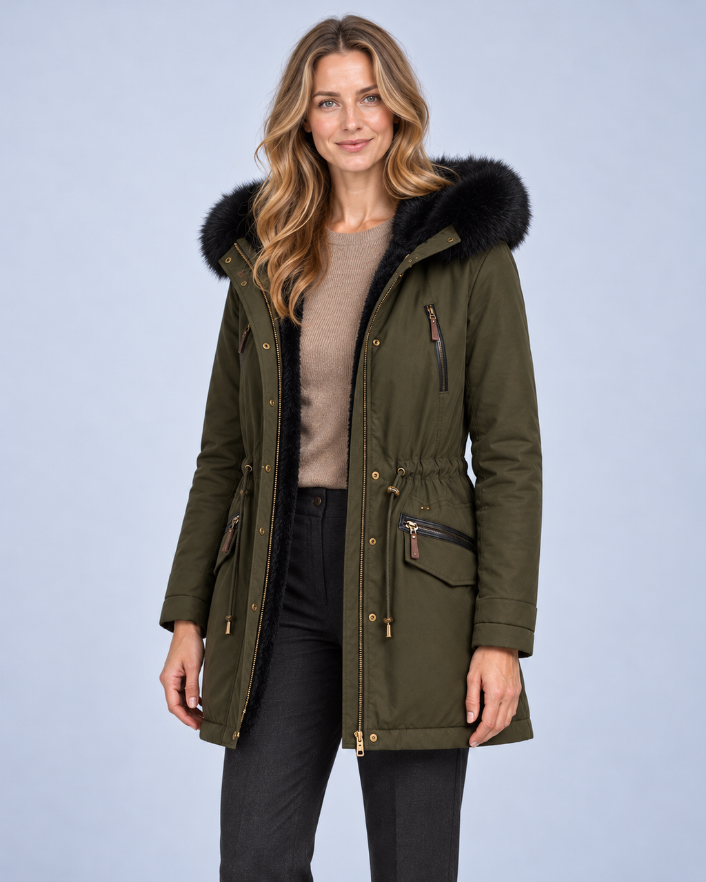 Ellis & Rowe Green hooded parka, three-quarter front open
