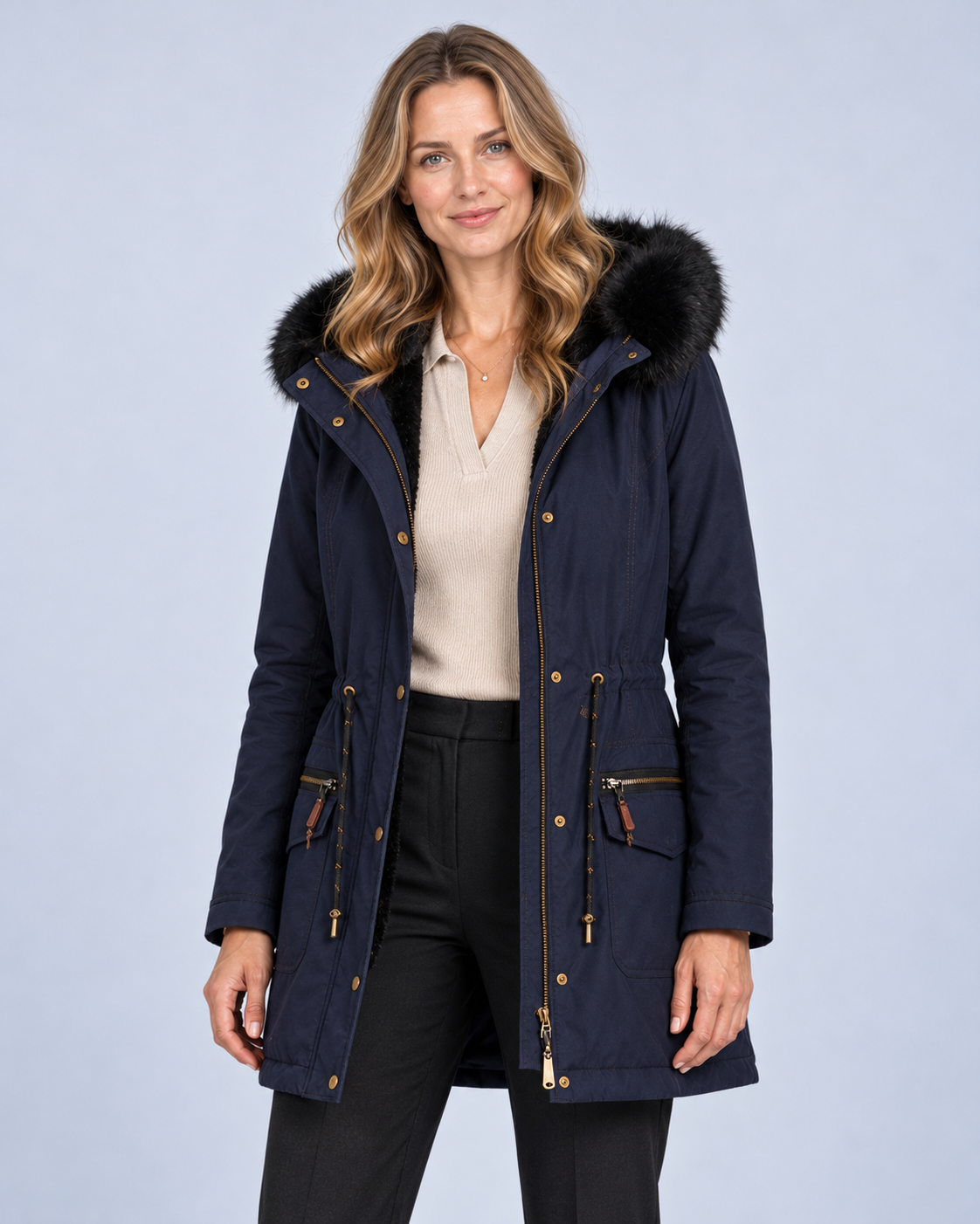 Ellis & Rowe Navy hooded parka, front open