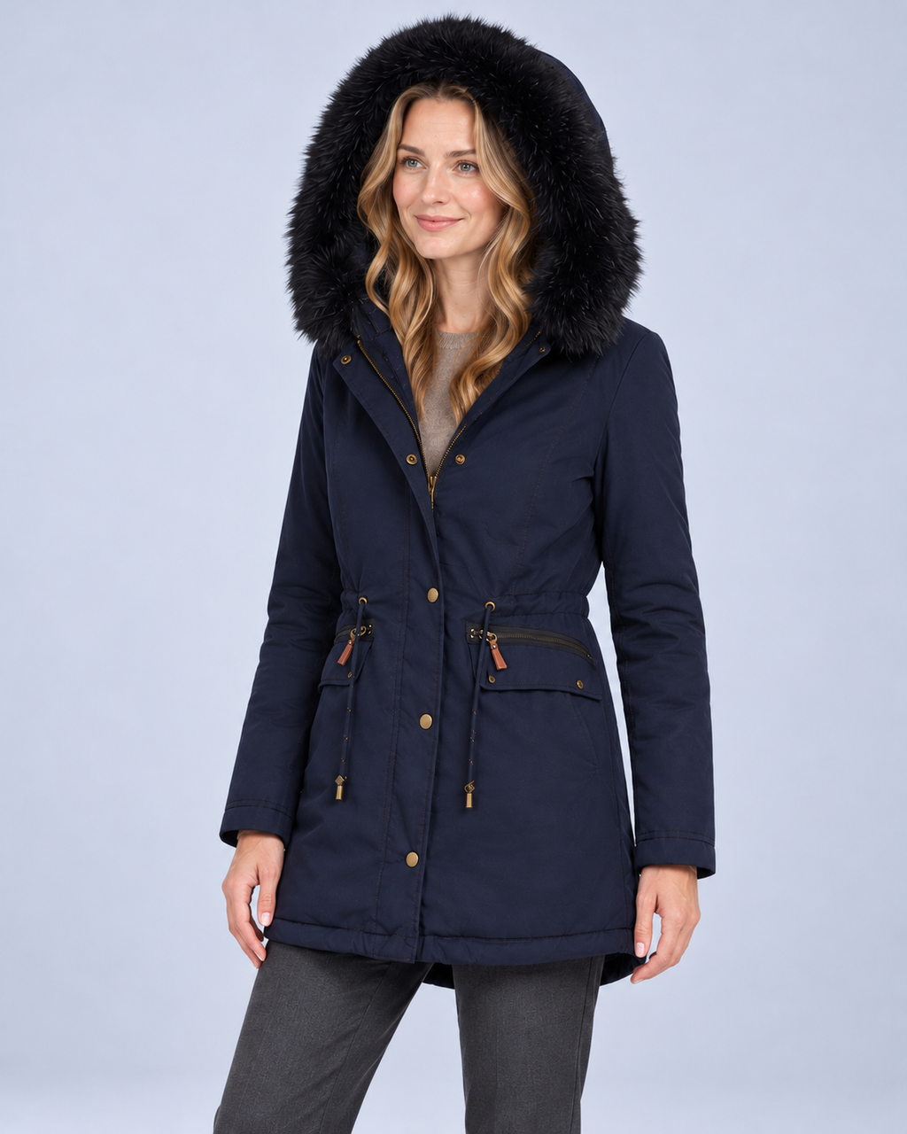 Ellis & Rowe Navy hooded parka, hood up front angled
