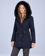 Ellis & Rowe Navy hooded parka, hood up front angled