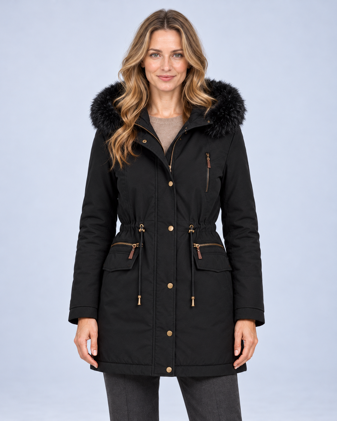 Ellis & Rowe Black hooded parka, front closed
