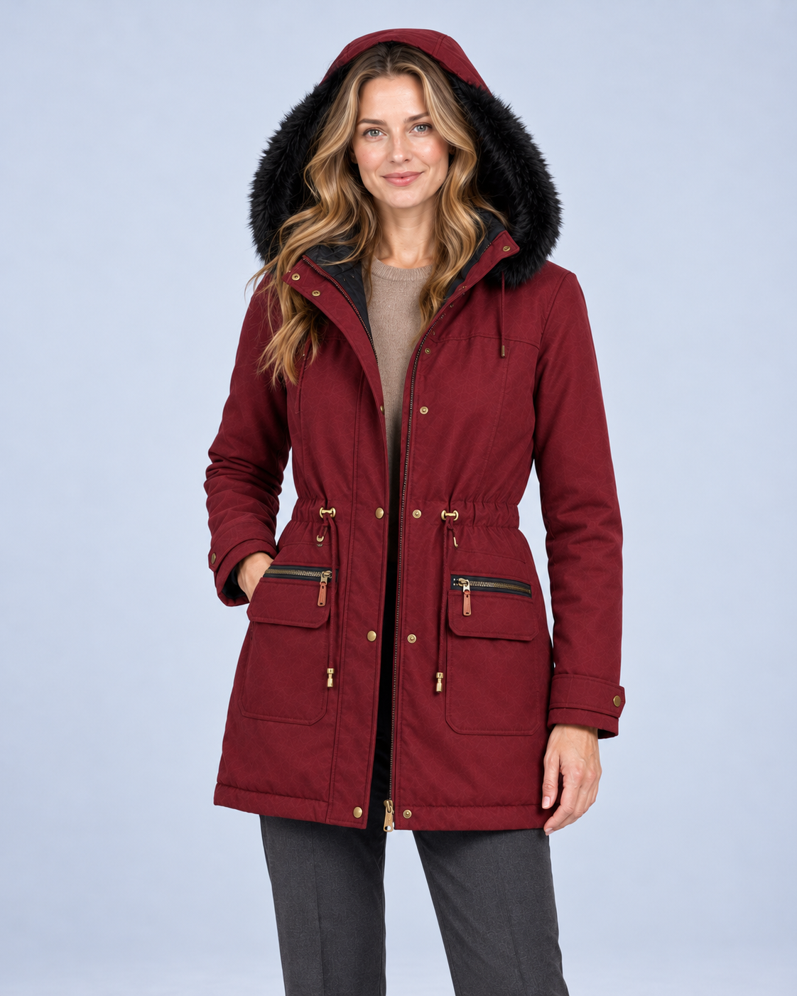 Ellis & Rowe Wine Red hooded parka, hood up front