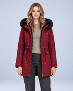 Ellis & Rowe Wine Red hooded parka, front open