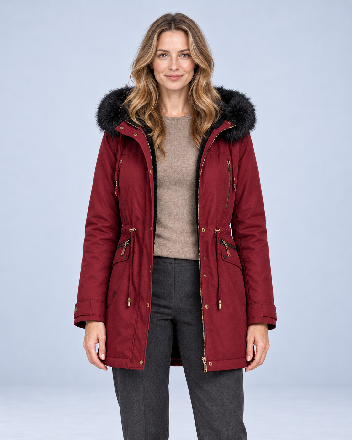 Ellis & Rowe Wine Red hooded parka, front open