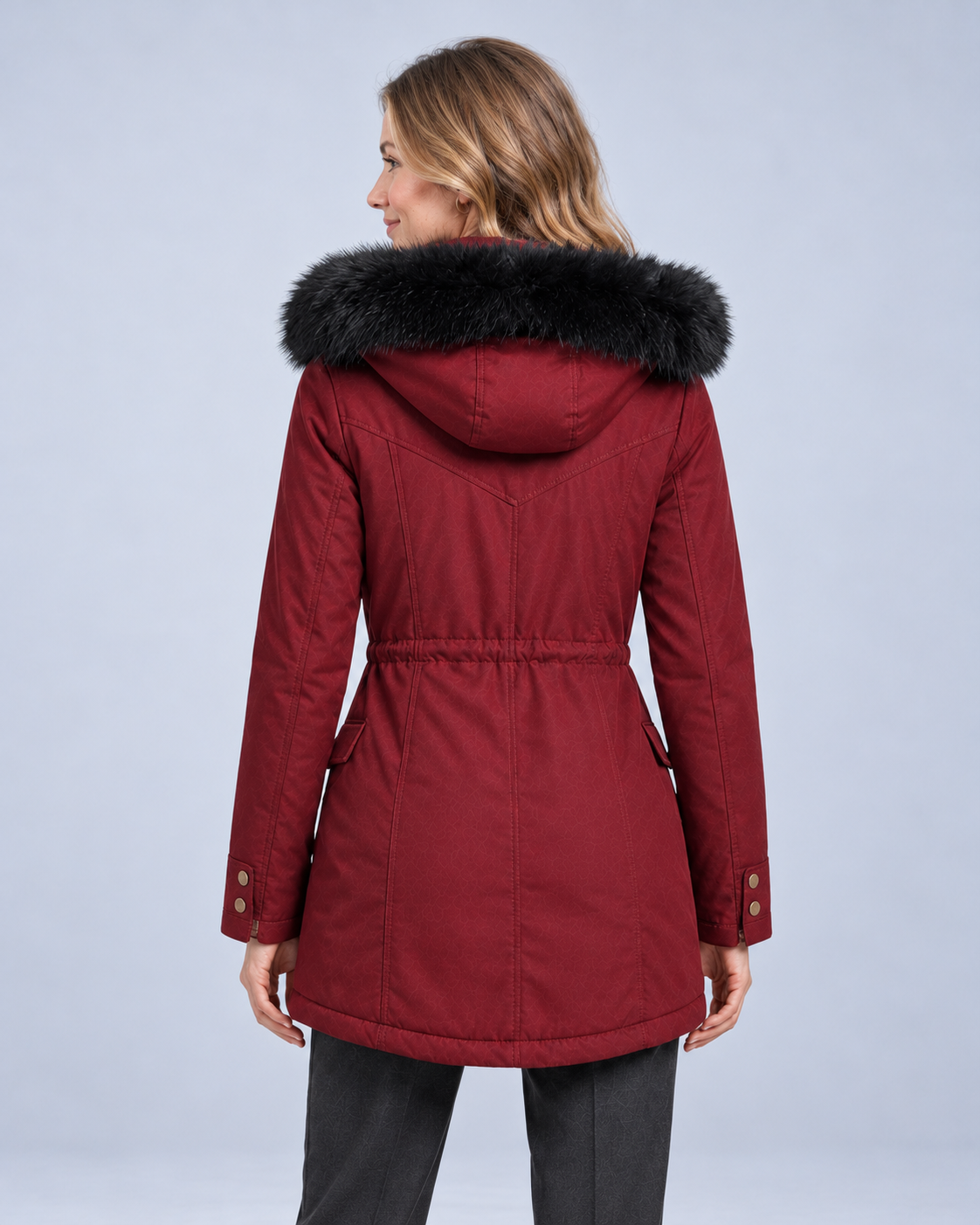 Ellis & Rowe Wine Red hooded parka, rear