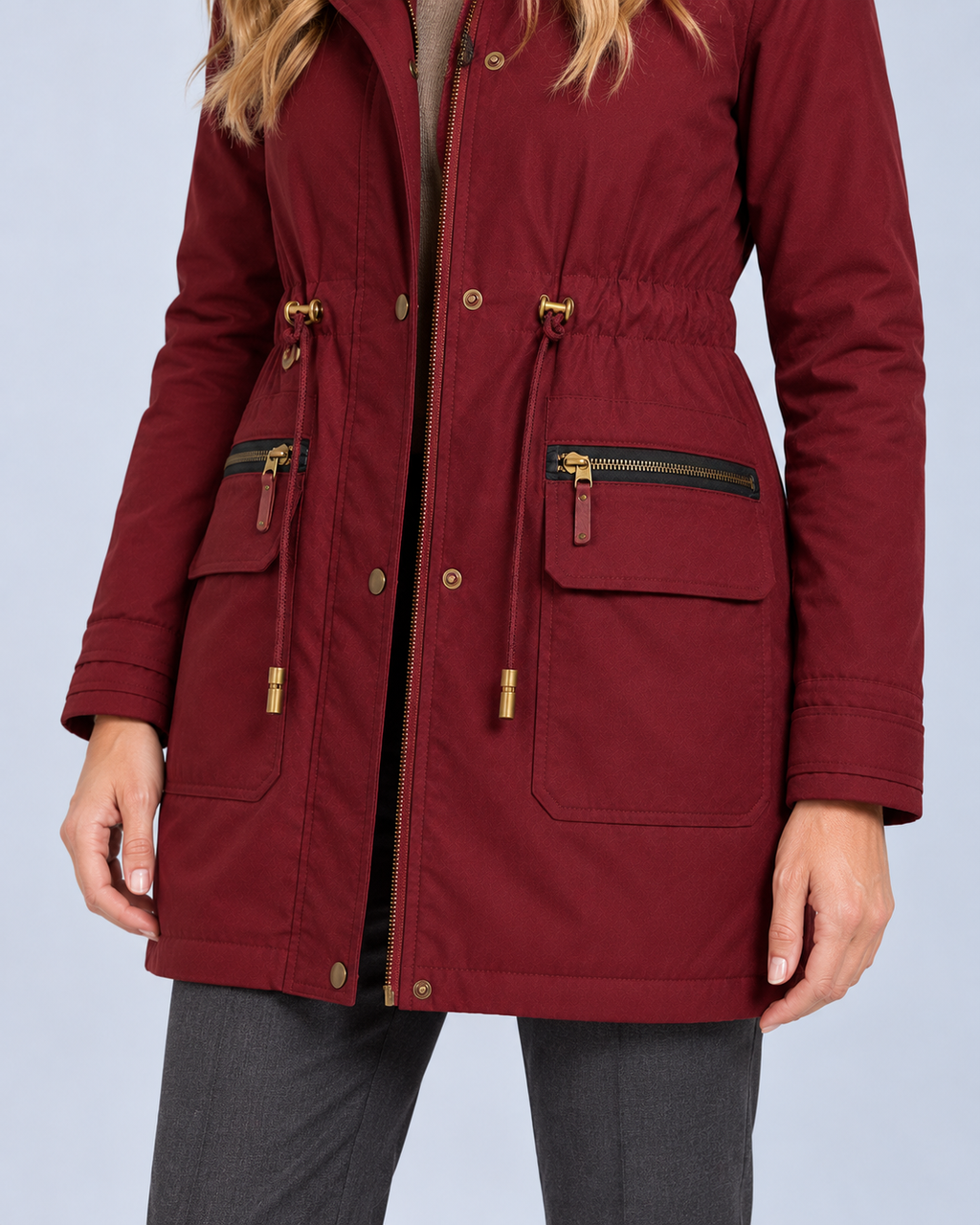 Ellis & Rowe Wine Red hooded parka, waist pocket hardware detail