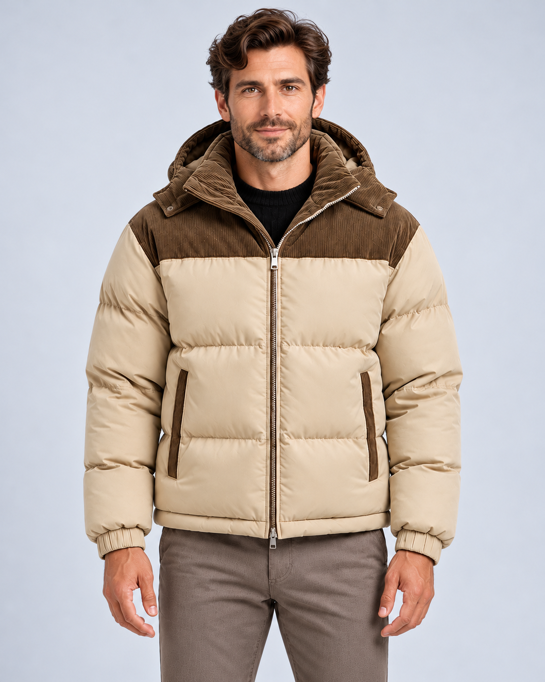Ellis & Rowe Beige hooded puffer jacket, source view 5