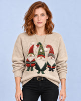 Women's Embroidered Gnome Print Christmas Sweater with Crew Neck and Long Sleeves