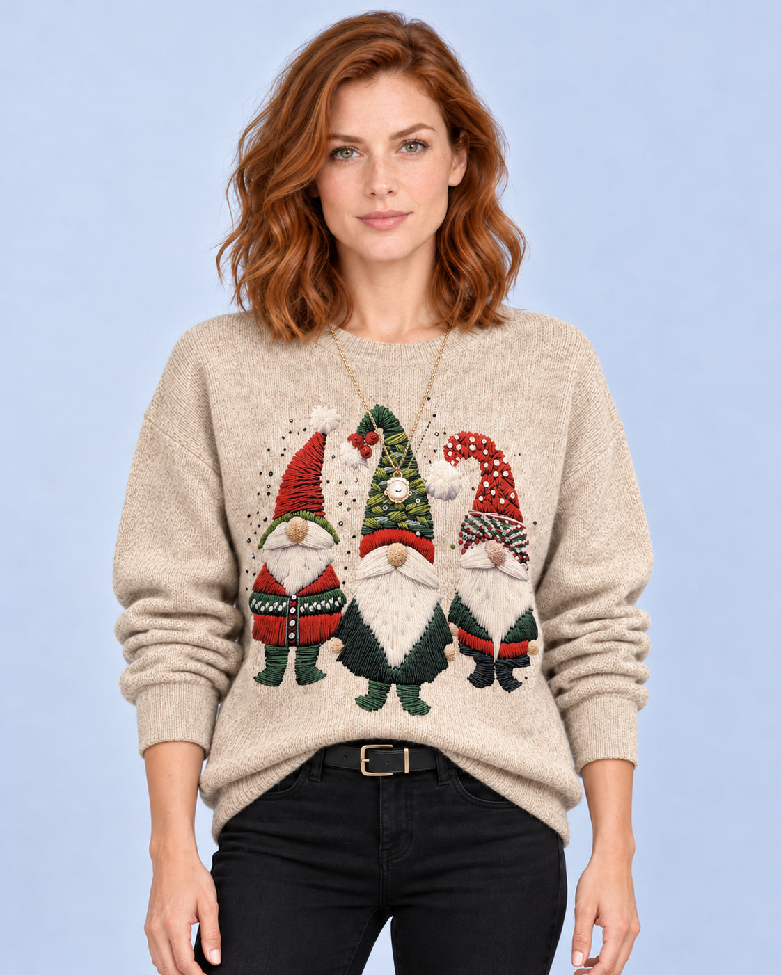 Women's beige Christmas sweater with three gnome motifs, front studio view