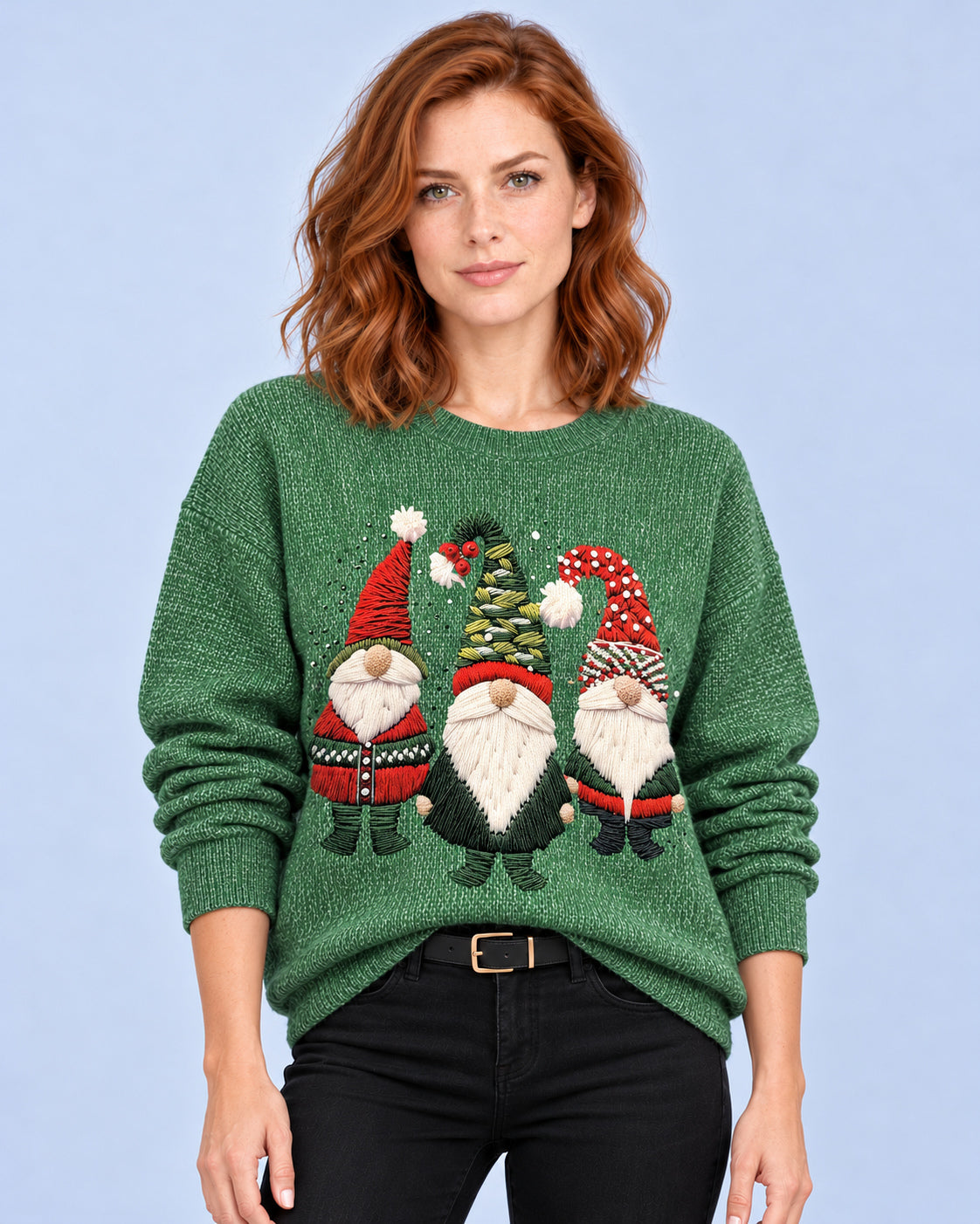 Women's green Christmas sweater with three gnome motifs, front studio view