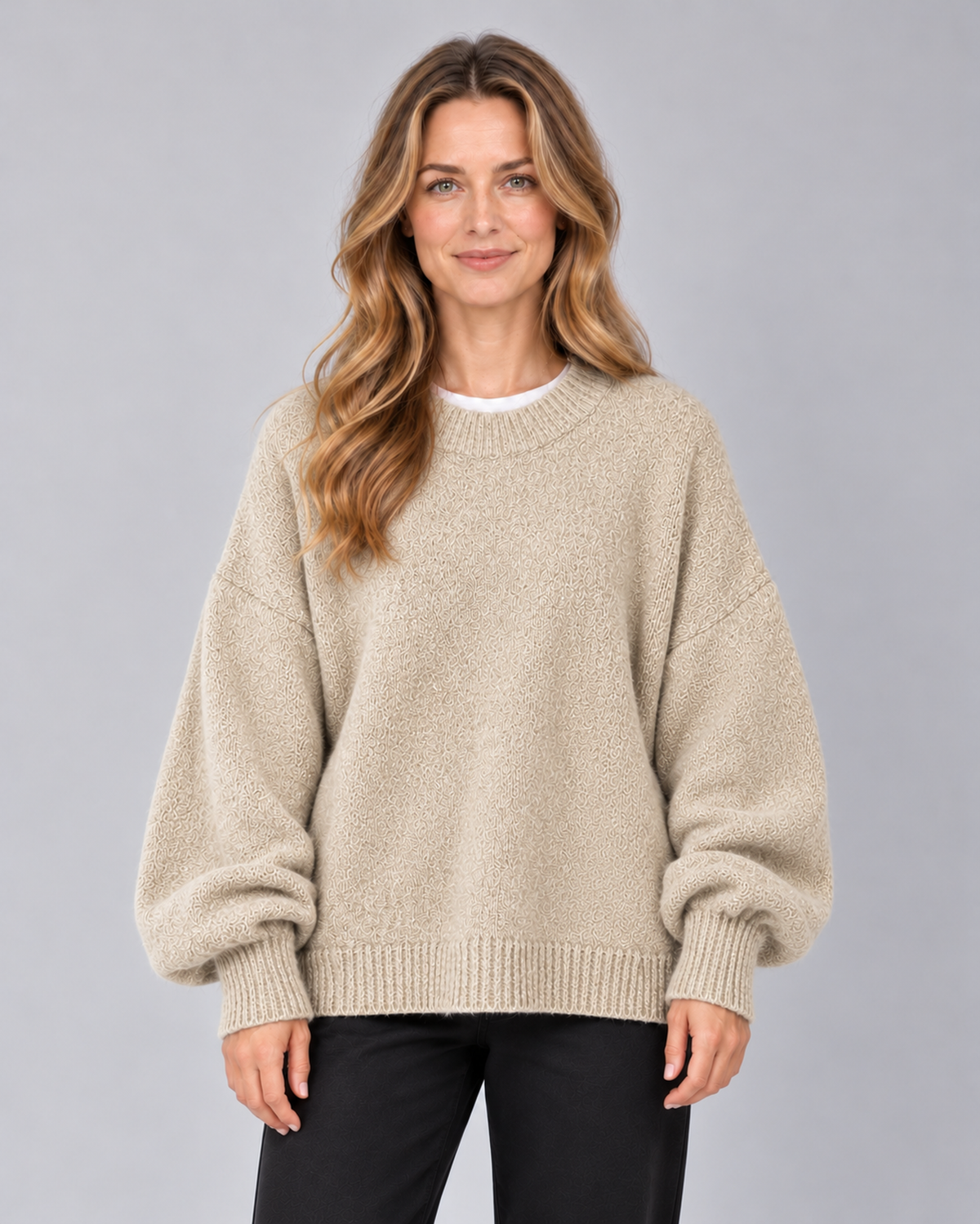Women's round neck drop shoulder split hem jumper, apricot front, studio model photograph