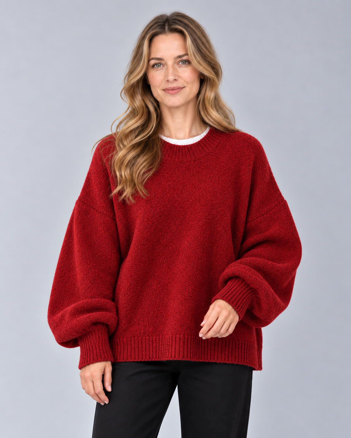 Women's round neck drop shoulder split hem jumper, burgundy front, studio model photograph