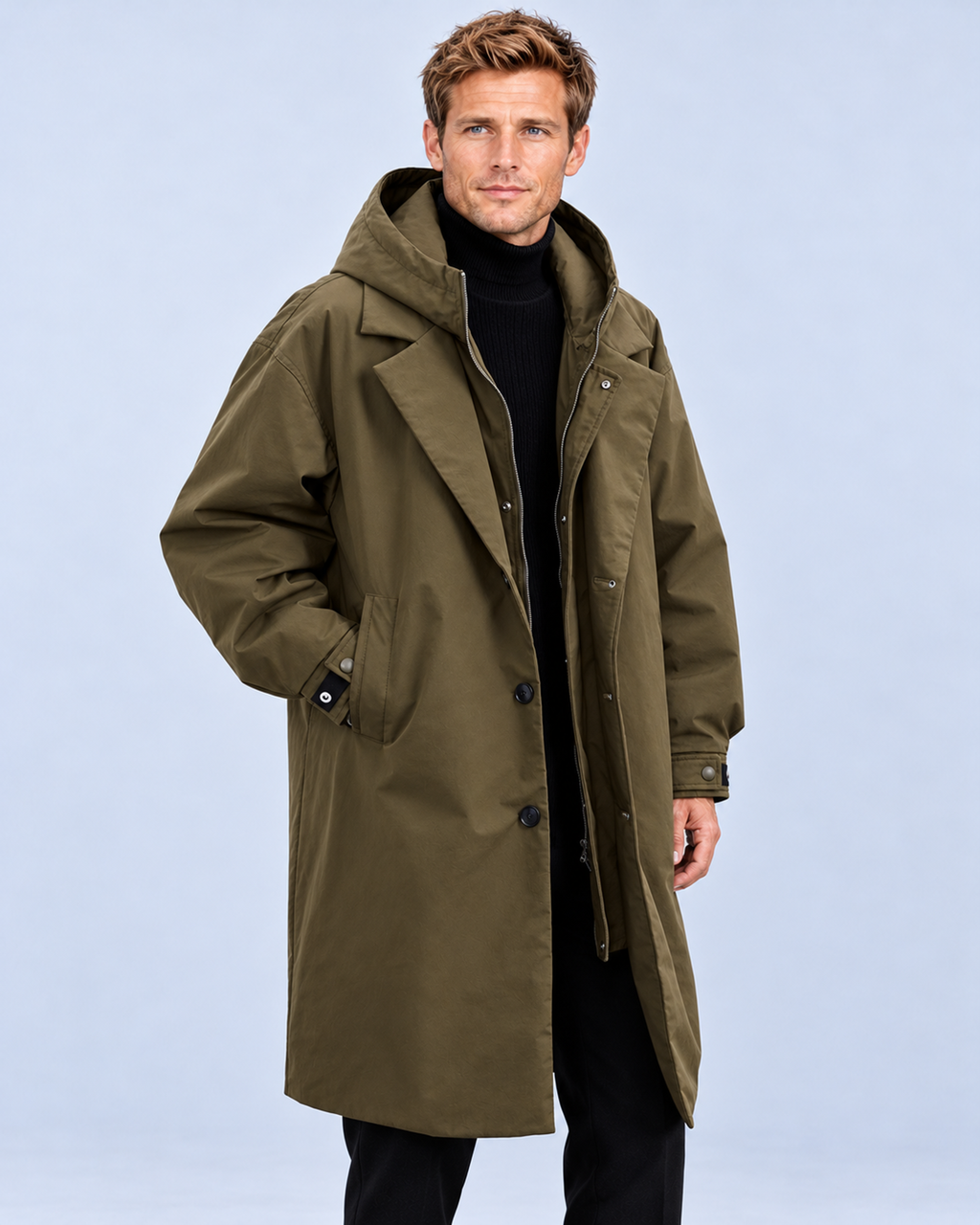 Men's hooded trench coat in Army Green, angled front with inner zip open