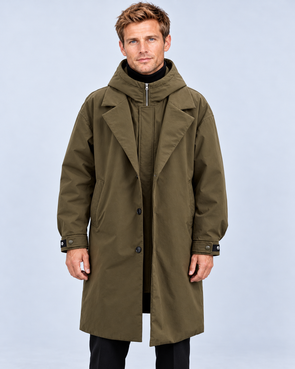 Men's hooded trench coat in Army Green, front view with inner zip closed