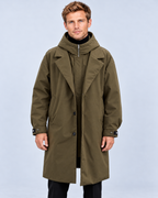 Men's hooded trench coat in Army Green, front view with inner zip closed
