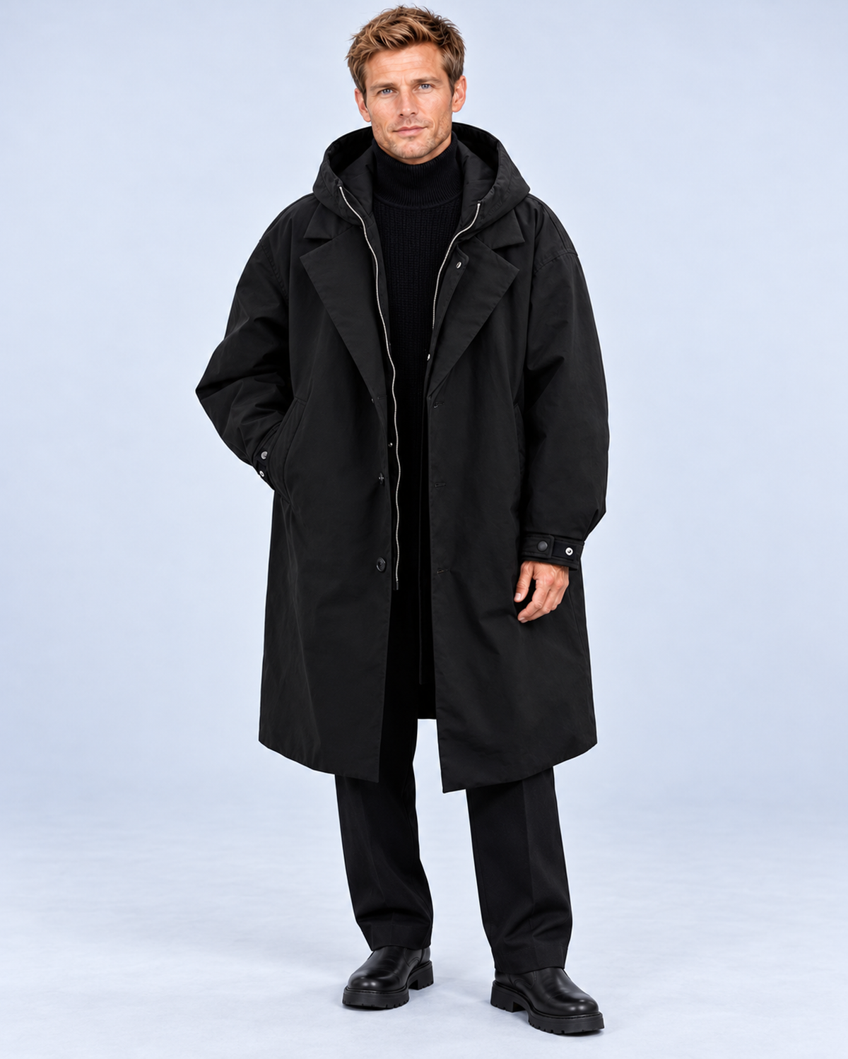 Men's hooded trench coat in Black, front view with inner zip open