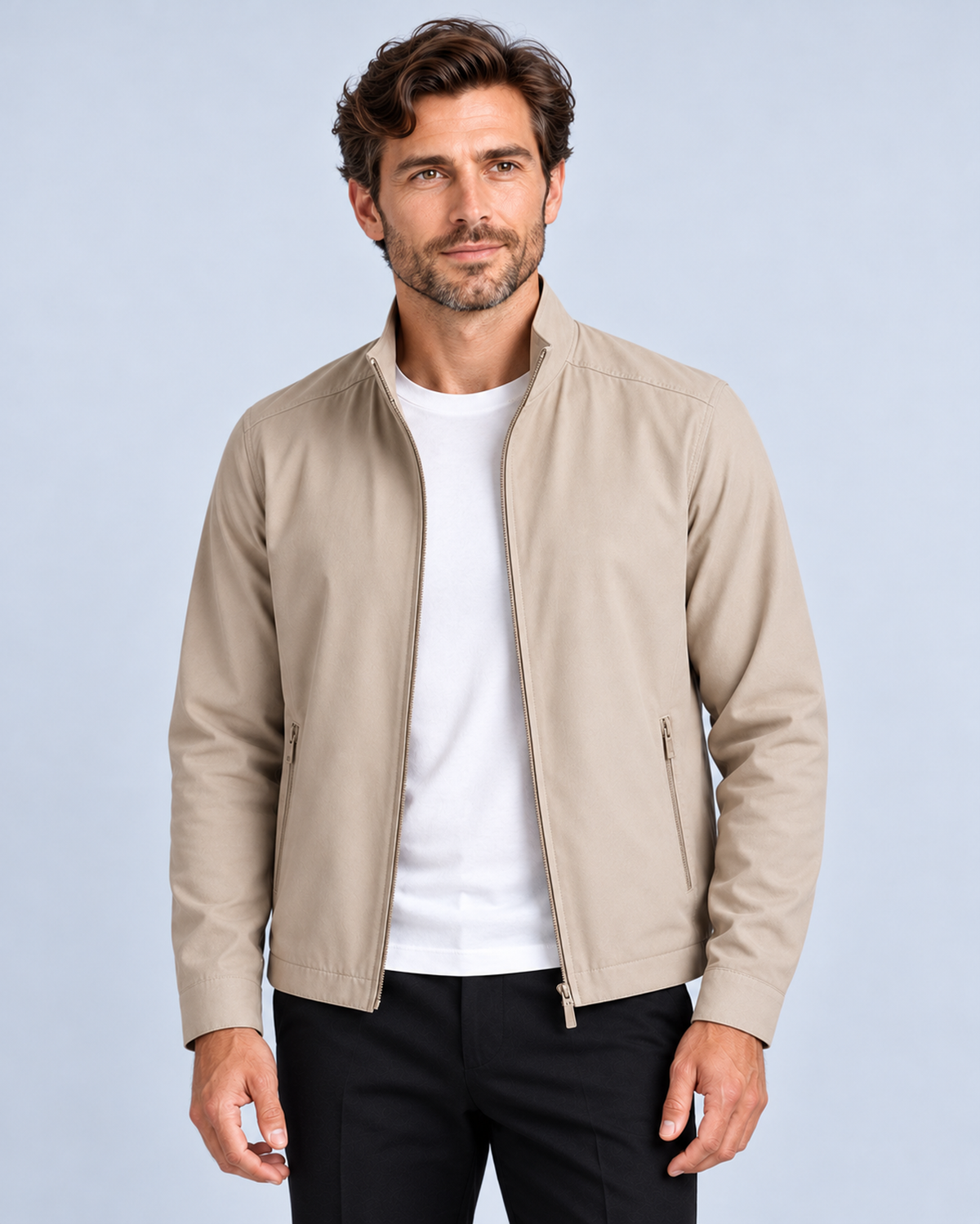 Men's premium zip-up jacket, beige front view on model in light-grey studio