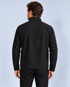 Men's premium zip-up jacket, black back view on model in light-grey studio
