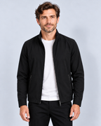 Men's premium zip-up jacket, black front view on model in light-grey studio