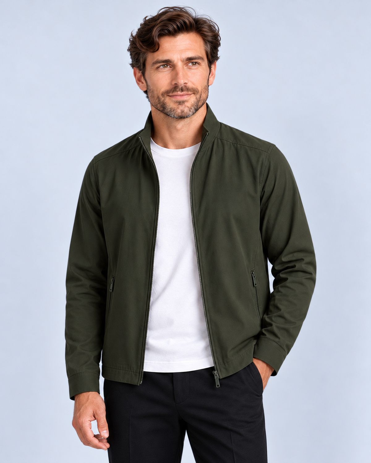 Men's premium zip-up jacket, green front view on model in light-grey studio