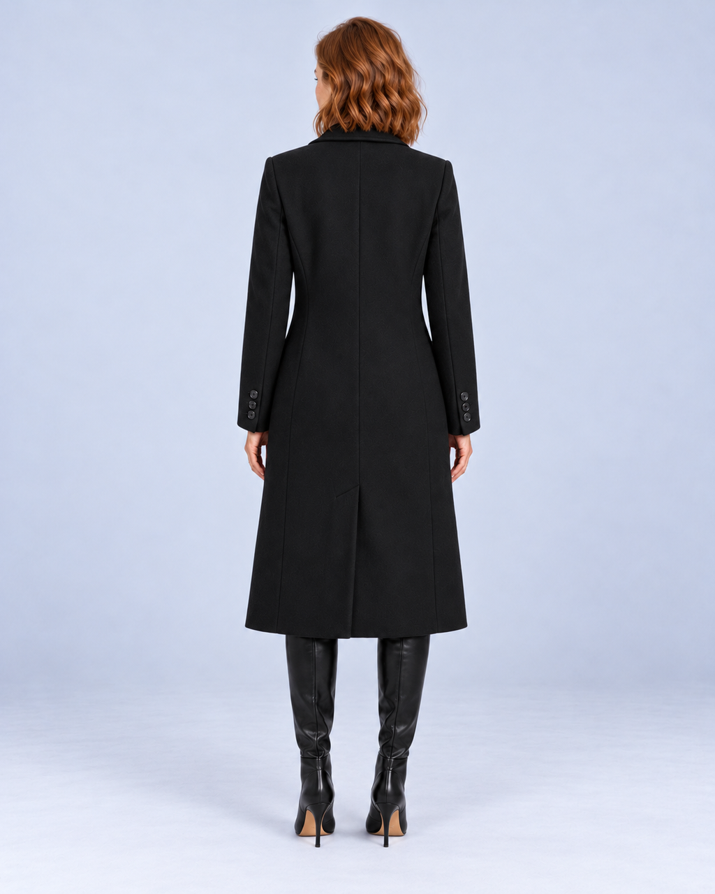 Women's long double-breasted overcoat in Black, rear view on model.