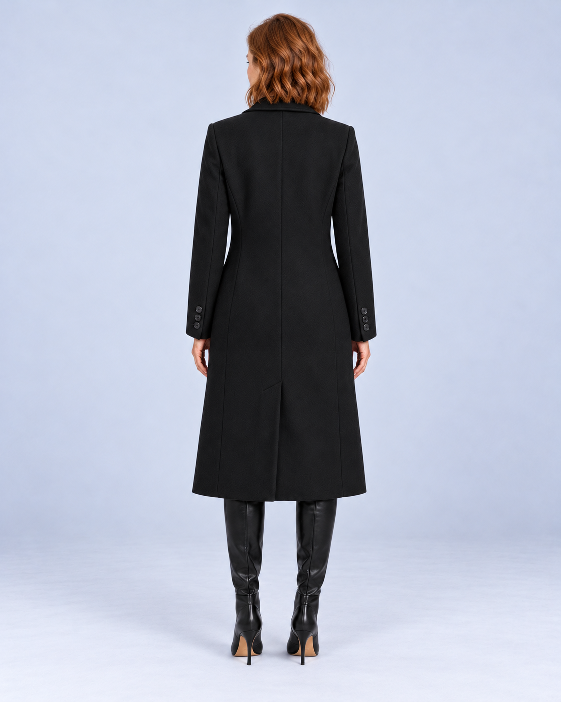 Women's long double-breasted overcoat in Black, rear view on model.