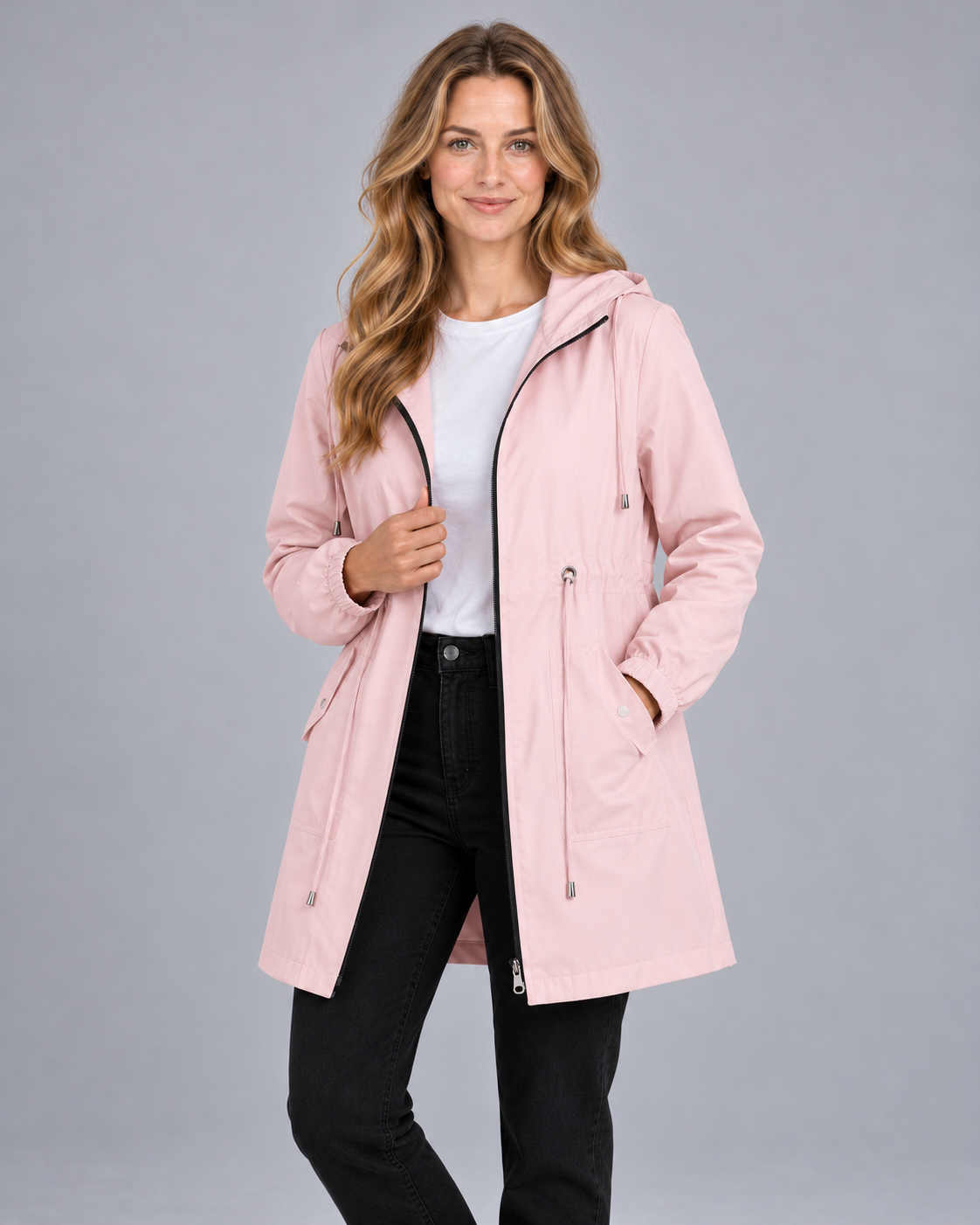 Women's lightweight hooded rain coat in pink, front view on model