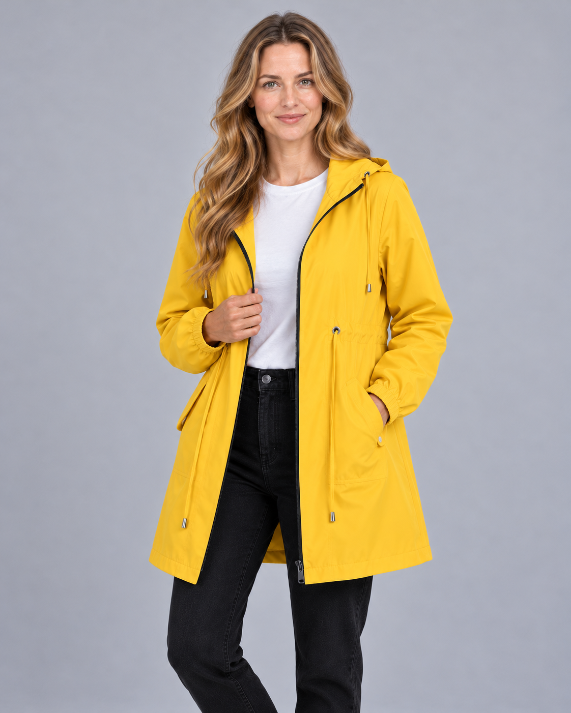 Women's lightweight hooded rain coat in yellow, front view on model