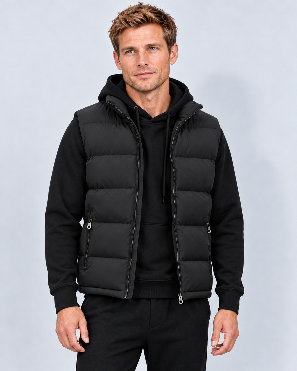 Ellis & Rowe men's padded gilet black front on ER-M04