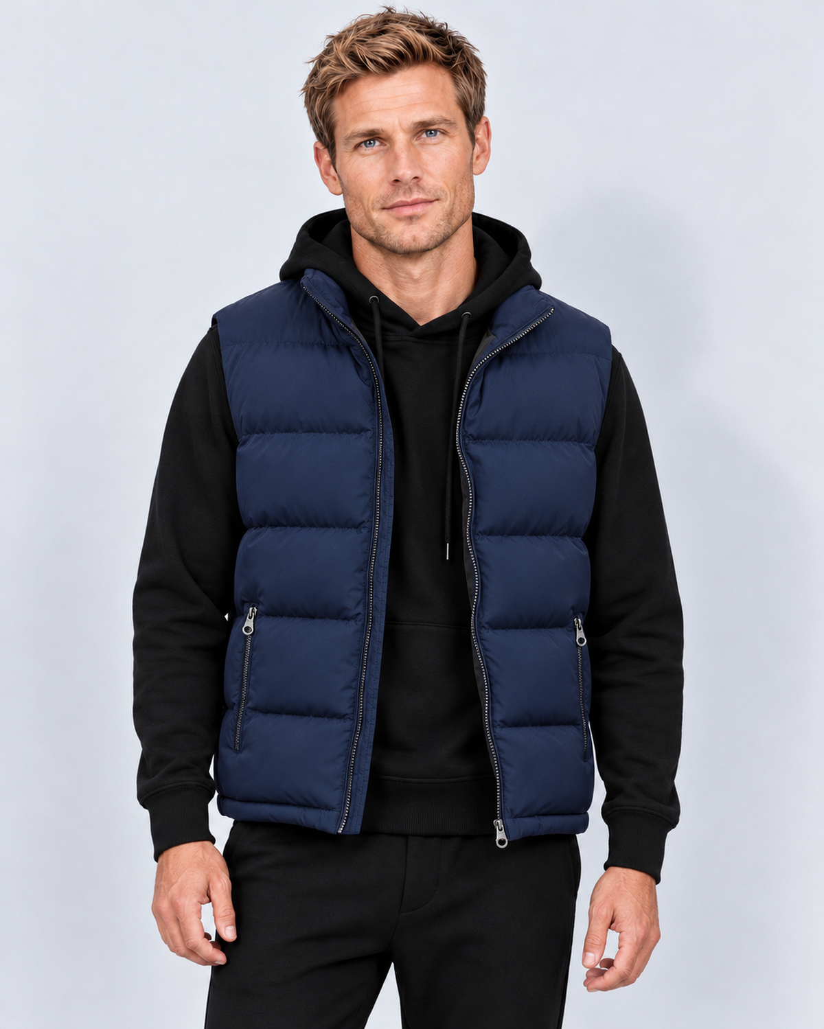 Ellis & Rowe men's padded gilet blue front on ER-M04