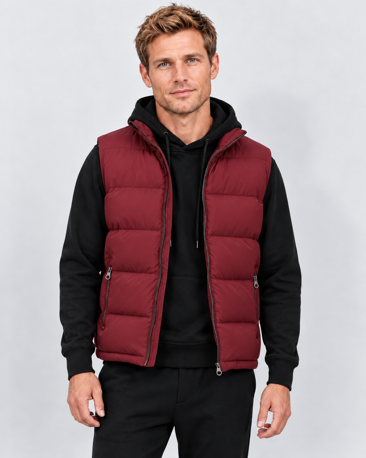 Ellis & Rowe men's burgundy padded gilet, Red variant, front view on ER-M04