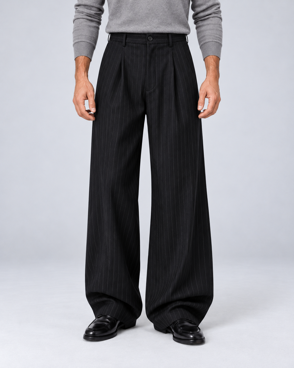 Men's black pinstripe wide-leg trousers, front