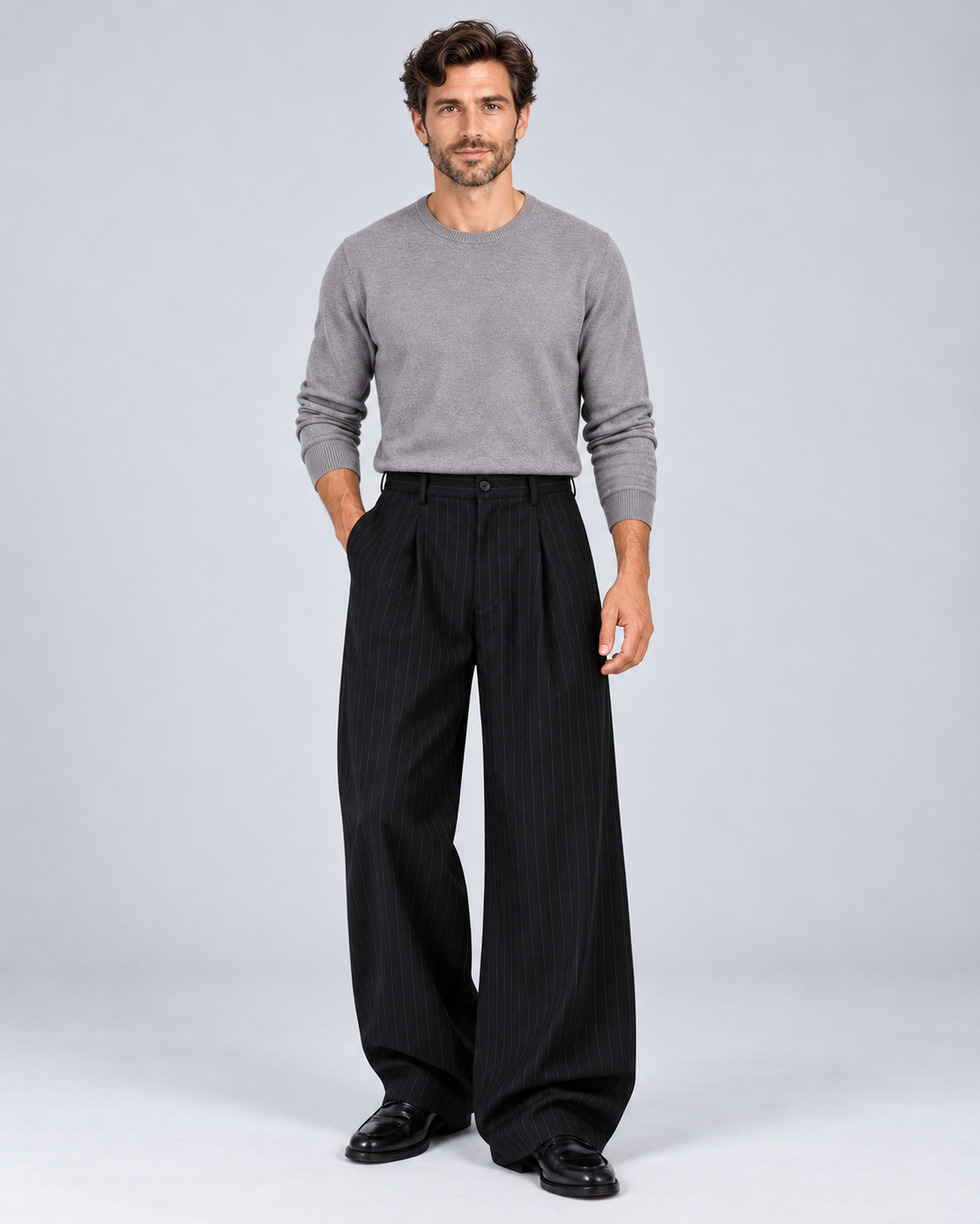 Men's black pinstripe wide-leg trousers, full-body