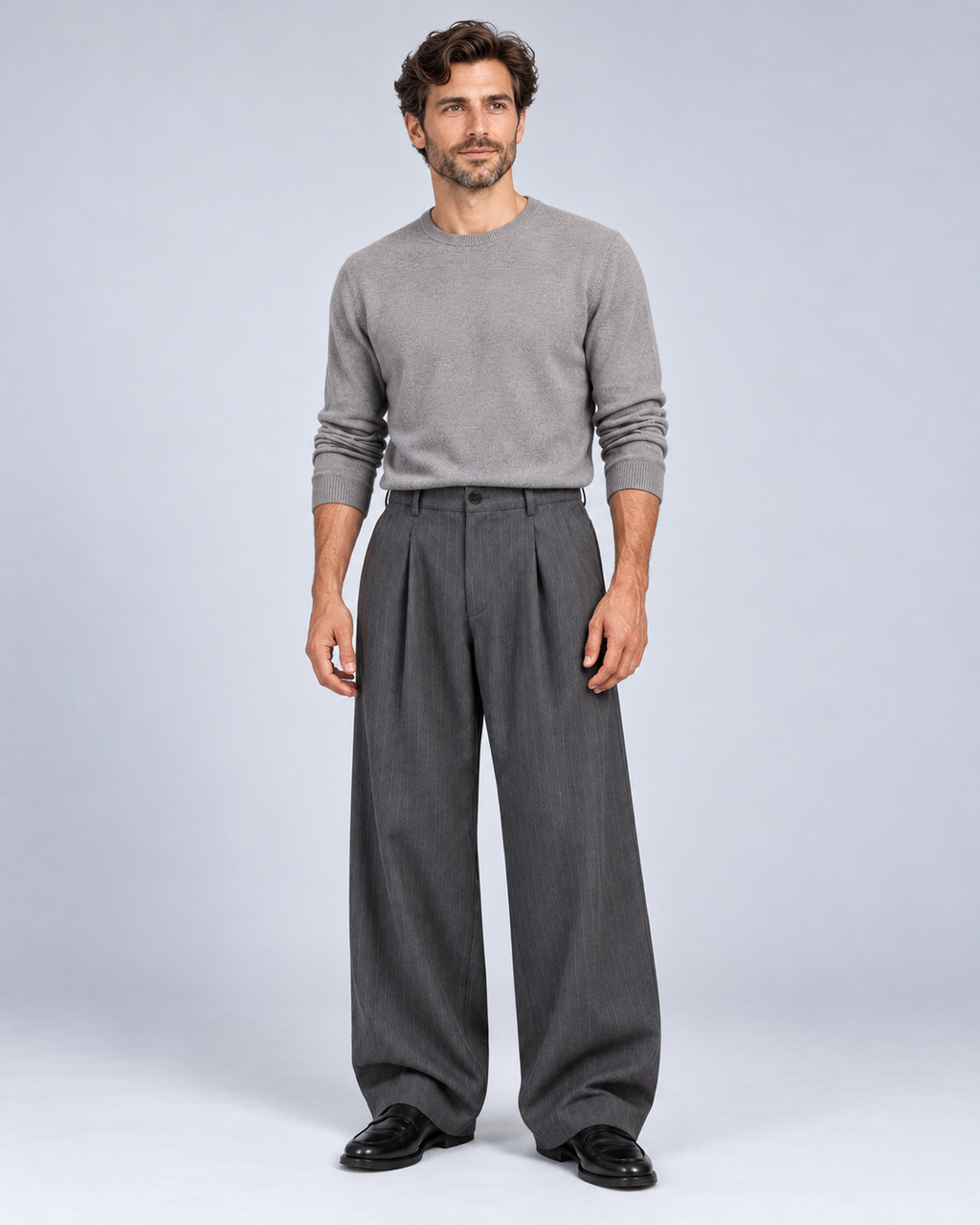 Men's grey pinstripe wide-leg trousers, full-body