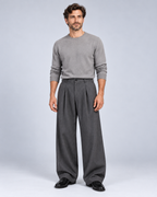 Men's grey pinstripe wide-leg trousers, full-body
