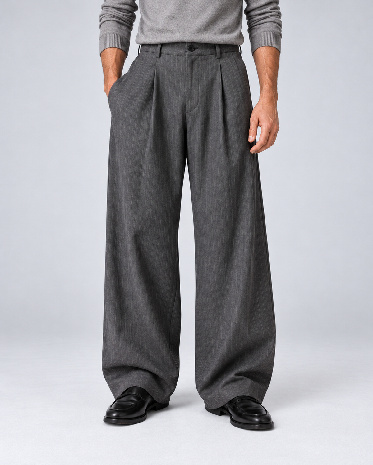Men's grey pinstripe wide-leg trousers, front