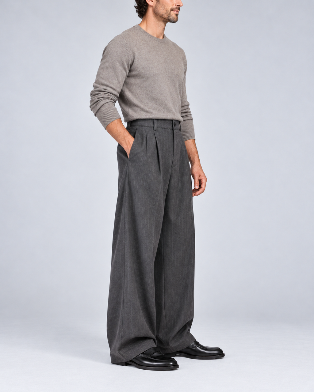 Men's grey pinstripe wide-leg trousers, side