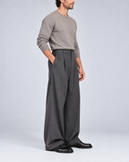 Men's grey pinstripe wide-leg trousers, side