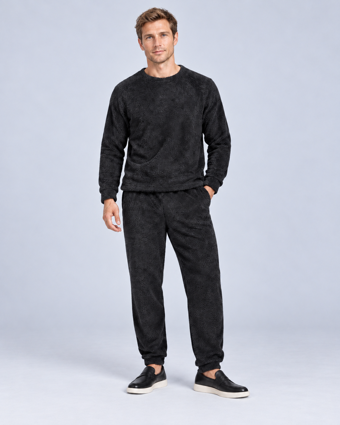 Men's Fleece Loungewear Set, Black, studio view 4