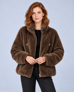 Women's Fleece Jacket, Dark Brown, studio view 1