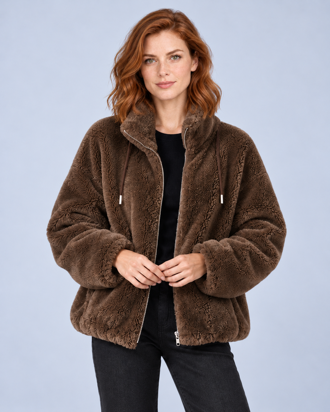 Women's Fleece Jacket, Dark Brown, studio view 1