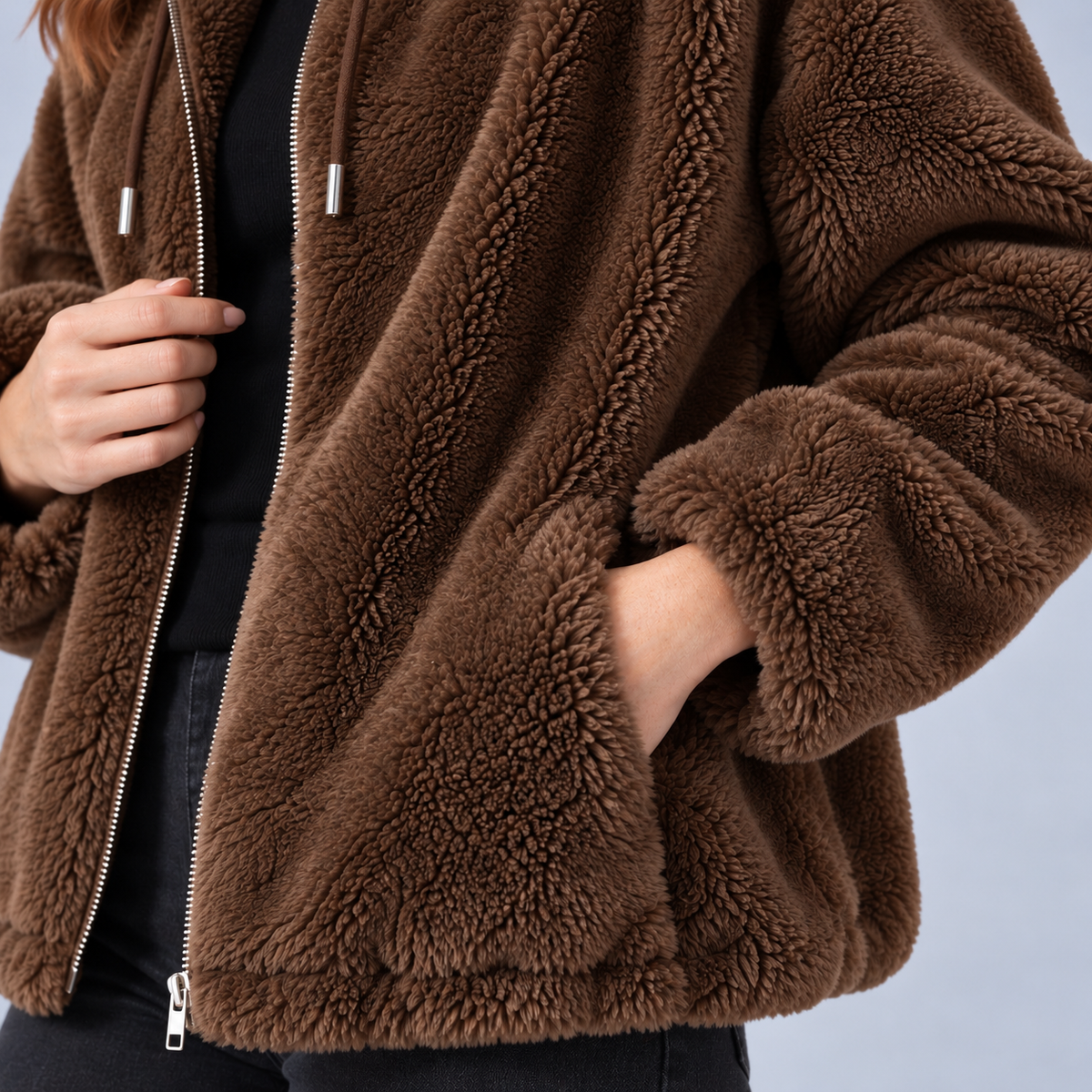 Women's Fleece Jacket, Dark Brown, studio view 4