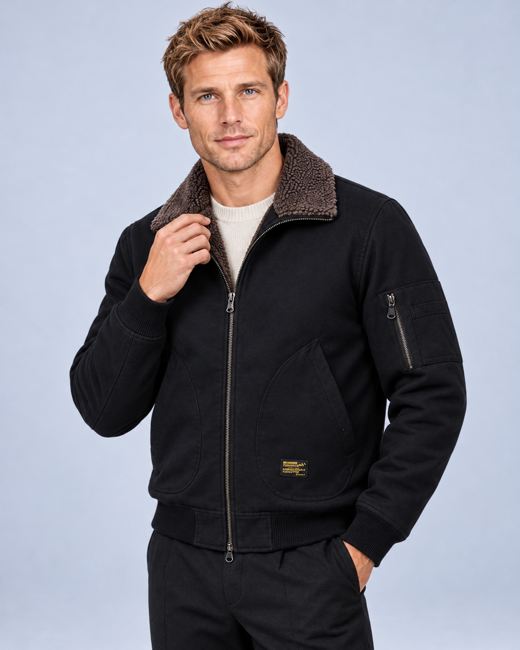 Ellis & Rowe sherpa-lined jacket, Black, front studio photograph